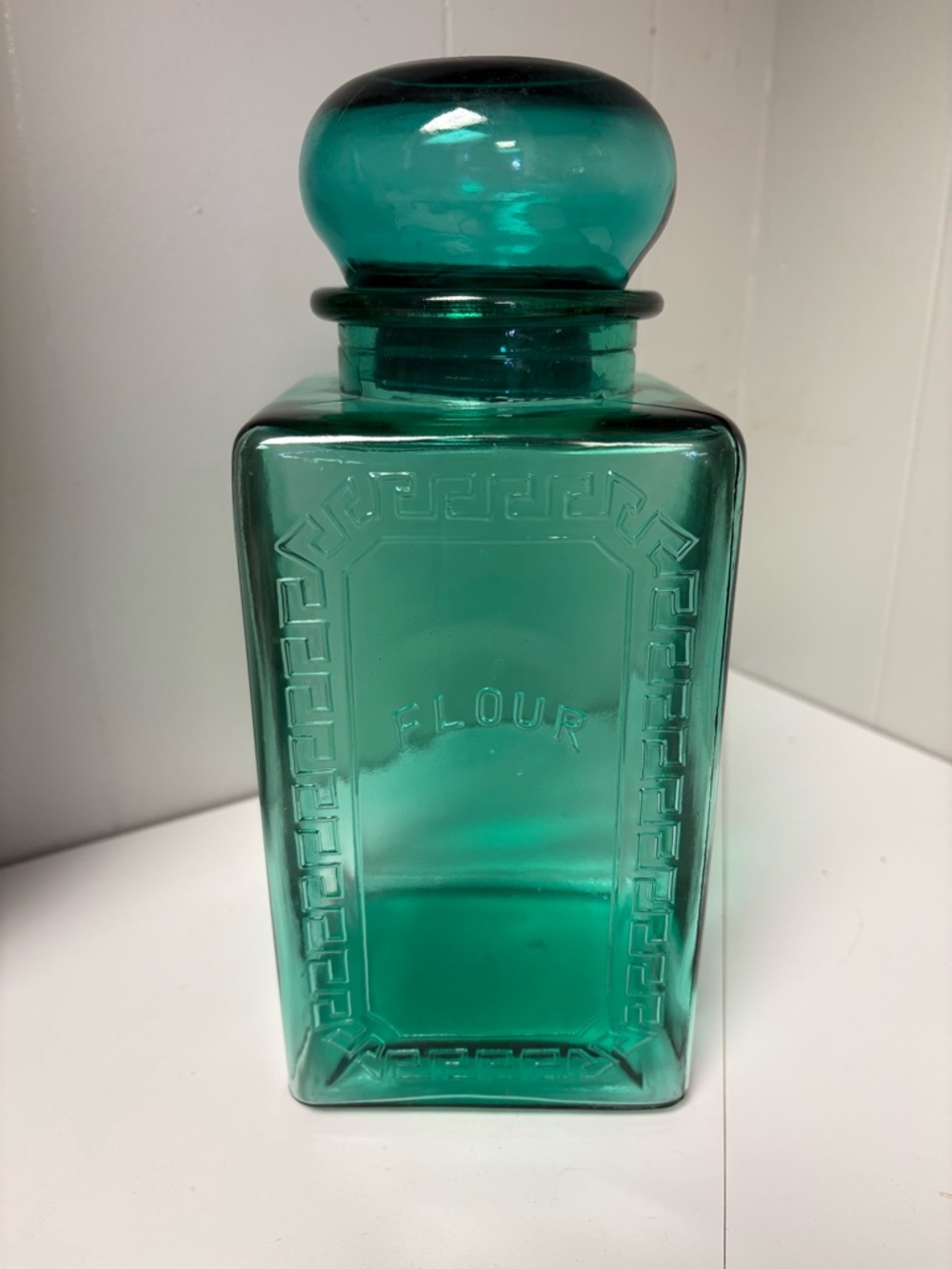 Vintage Green Glass Flour Jar with Bubble Lid 10” Tall GUC
